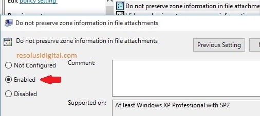 Enabled Do not preserve zone information in file attachments