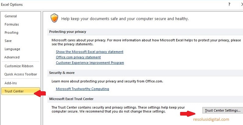 klik Trust center settings